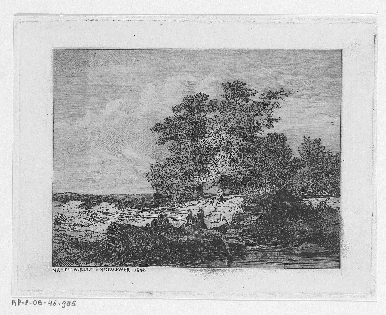 An engraving of oak trees